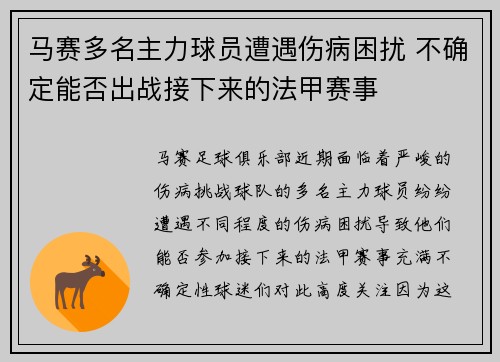 马赛多名主力球员遭遇伤病困扰 不确定能否出战接下来的法甲赛事