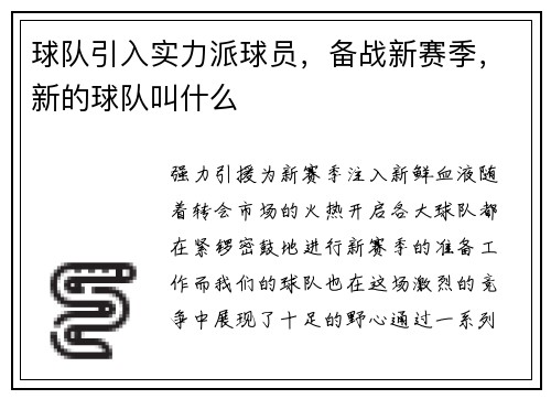 球队引入实力派球员，备战新赛季，新的球队叫什么